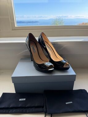 Prada Black Patent Leather Peep-Toe Pumps with Platform